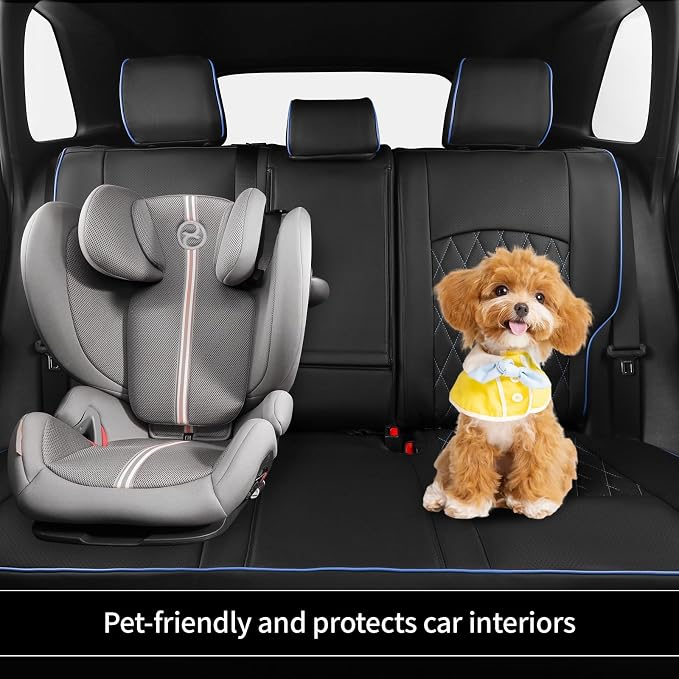 EKR Rav4 Seat Covers Custom Fit for Toyota Rav4 (Hybrid) SE/XSE & (PHEV) GR SPORT 2026, Car Seat Cover Full Set for Suv,Factory-Style Upgrade, Easy-Wipe Protection,Faux Leather(Black with Blue Piping)