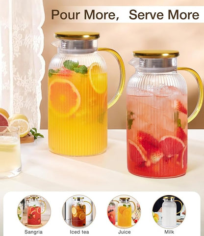 2 PACK Glass Pitcher with Lid 64 oz, Classic Vertical Stripes Pitcher with Lid