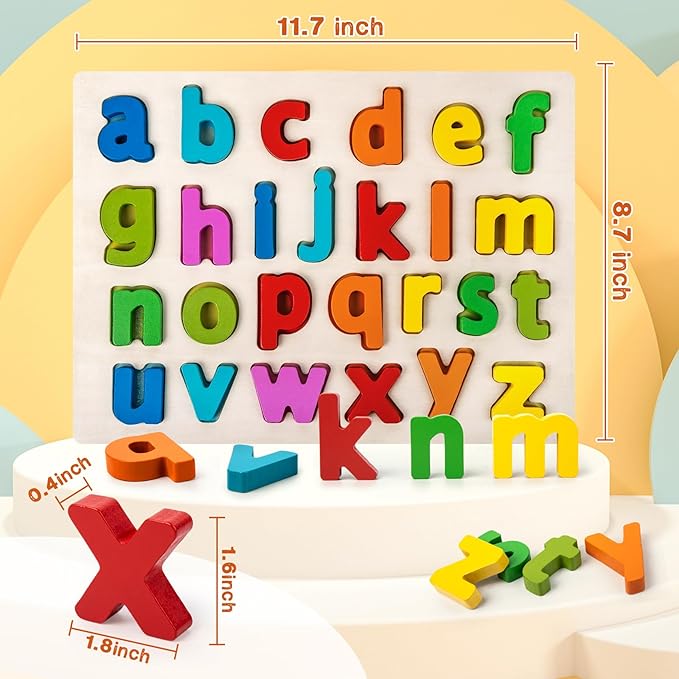 Alphabet Puzzle Wooden Puzzles for Toddlers 3 4 5 Year Old, ABC Puzzle Shape Alphabet Learning Puzzles Toys with Puzzle Board & Letter Blocks for Preschool Girls Boys Lowercase Letter Puzzle