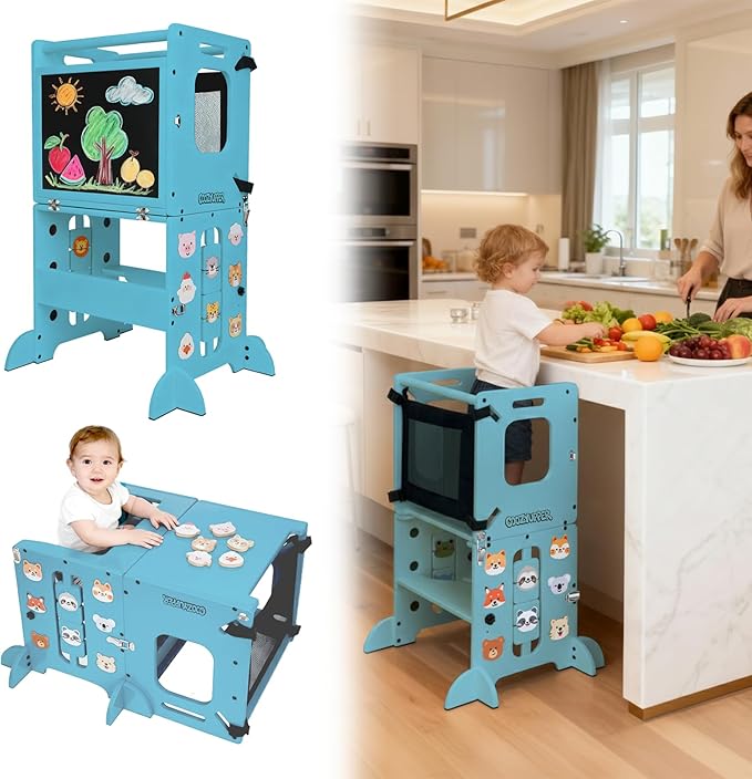 Toddler Kitchen Stool Helper, CPC Certified Foldable Toddler Tower, Learning Wooden Tower with Support Feet and Chalkboard, Anti-Drop Structure, Safe Design for Kids, Blue