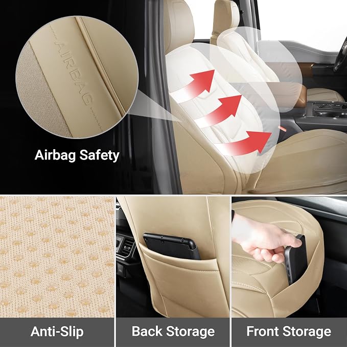 Coverland Custom Truck Car Seat Covers Front Seats for [2019-2026 RAM 2500, 3500 Crew Cab Front Bucket Seats Rear Whole Bench Seat] - Protector Water Resistant Leather Seat Cushion [Front-Beige]