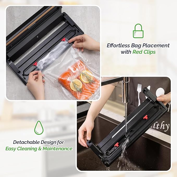 GERYON Vacuum Sealer Machine, Food Vacuum Sealer with Powerful Suction | Slim Design | Easy to Use | Led Indicator Lights for Sous Vide, Meal Prep, w/Starter Kits for Vacuum Seal Container (Black）