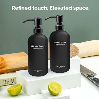 Vine Creations Black Glass Soap Dispenser Set, Dish Soap and Hand Soap