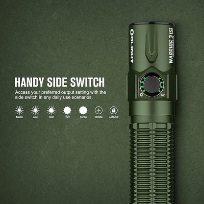 OLIGHT Warrior 3S 2300 Lumens Rechargeable Tactical Flashlight, Compact Dual-Switches LED Bright Light with Proximity Sensor, Powered by Customized Battery for Emergency, and Searching (OD Green)