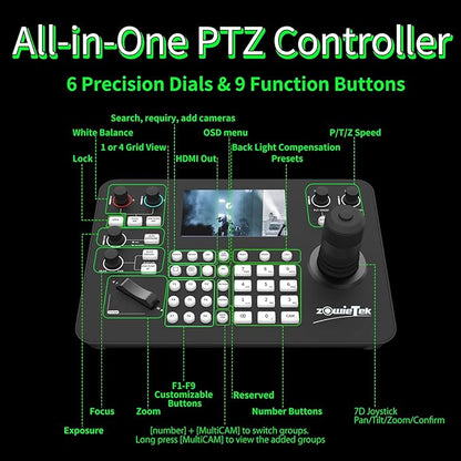 Zowietek PTZ Controller 7D Joystick Keyboard, HDMI Output, Automatic Camera