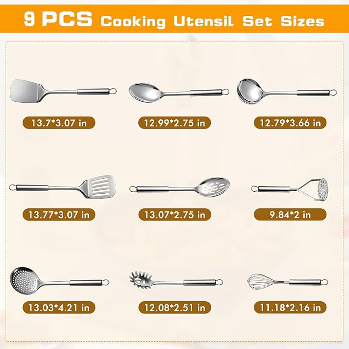 9 Pcs Cooking Utensils Set, Stainless Steel Kitchen Utensils, Heat Resistant