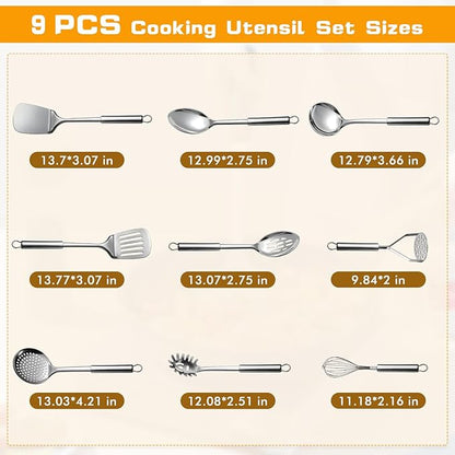 9 Pcs Cooking Utensils Set, Stainless Steel Kitchen Utensils, Heat Resistant