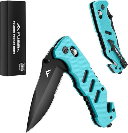 FLISSA Folding Pocket Knife with Clip, Glass Breaker and Seatbelt Cutter, Survival Knife for Emergency Rescue Situations, EDC Knife for Tactical, Hunting, Camping, Outdoor, Unique Gifts for Dad, Father-Blue