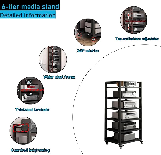 Dernoing 6 Tier Audio Rack Tower, CD Record Player Stereo Receiver AV Equipment