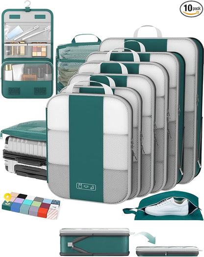 OlarHike 10-Pack Compression Packing Cubes for Travel Essentials,Compressible Expandable Packing Cubes for Suitcase,Luggage Garment Bags for Travel,Handy Helper for Organizing Clothes(Dark Blue Green)