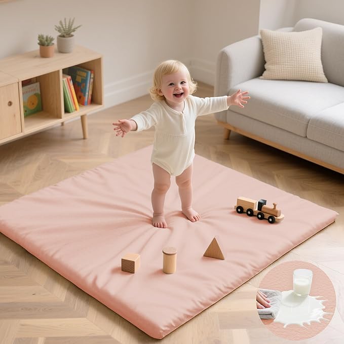 Baby Play Mat 50x50 Inches,1.3" Thick Padded Waterproof Floor Cushion & Playpen Mat with Vegan Leather,Non-Slip & Non-Toxic Nursery Rug for Infants, Toddlers & Kids(Pink)