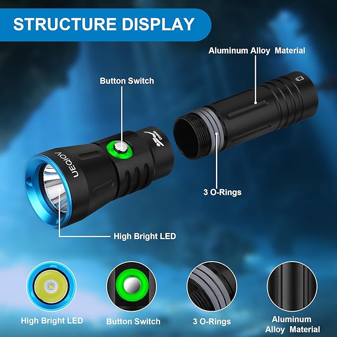 Dive Light Scuba Diving Flashlight Dive Torch Rechargeable,3500Lumens 6 Modes Underwater Light,IPX8 Waterproof Flashlight, Safety Dive Lights with Power Indicator for Night Diving