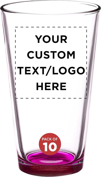 Custom Arc Pint Glass 16 oz. Set of 10, Personalized Bulk Pack - Beer Glasses, Heavy Duty Drinkware - Pink