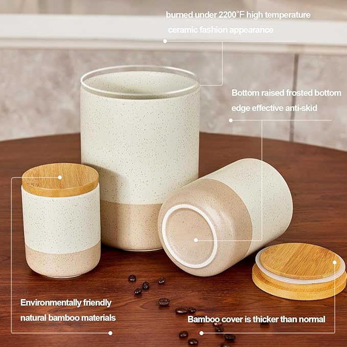 Yangbaga Canister Sets for Kitchen Counter, 80 OZ Large Ceramic Food Storage Jars with Airtight Wood Lids, Large Kitchen Canisters for Coffee, Sugar, Tea, Flour, Spice
