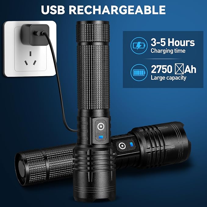 Flashlight Rechargeable LED High Lumens - 99,000 Lumens Super Bright Flashlights with 5 Modes, Adjustable，Waterproof Powerful Flash Light for Home, Camping(2 Pack)