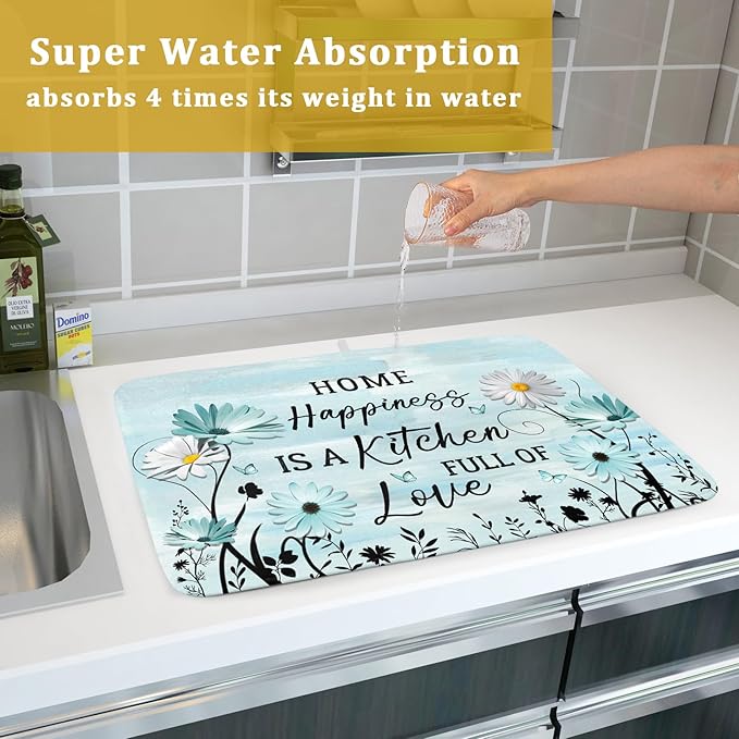 Blue Daisy Dish Drying Mat 18x24 Inch Love Kitchen Absorbent Microfiber