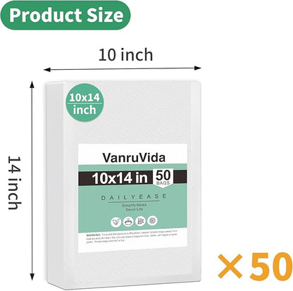 VanruVida Vacuum Sealer Bags, 50 Count 10” x 14”,BPA Free,Commercial Grade Textured PreCut Bag with Double Tear Notches, Perfect for Food Storage, Freezer, Meal Prep, or Sous Vide