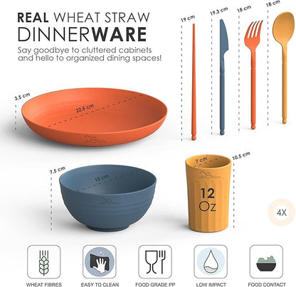 Wheat Straw Dinnerware Sets For 4 - Camping Plates Cups And Bowls Set - Dishwasher Microwave Safe Dishes - Alternate To Plastic Dinnerware Set - Wheat Straw Plates And Bowls Sets - RV Dishes