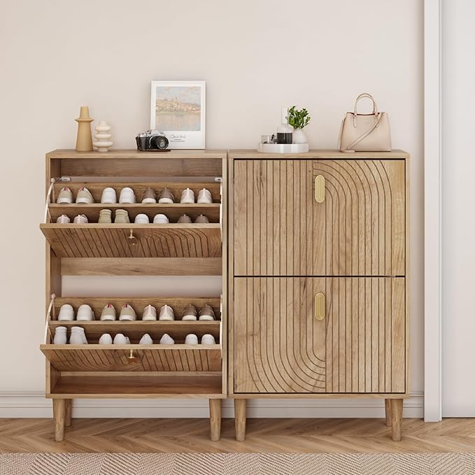 Smuxee Shoe Cabinet with 2 Flip Drawers, 23.6" Oak Hidden Shoe Storage Cabinet