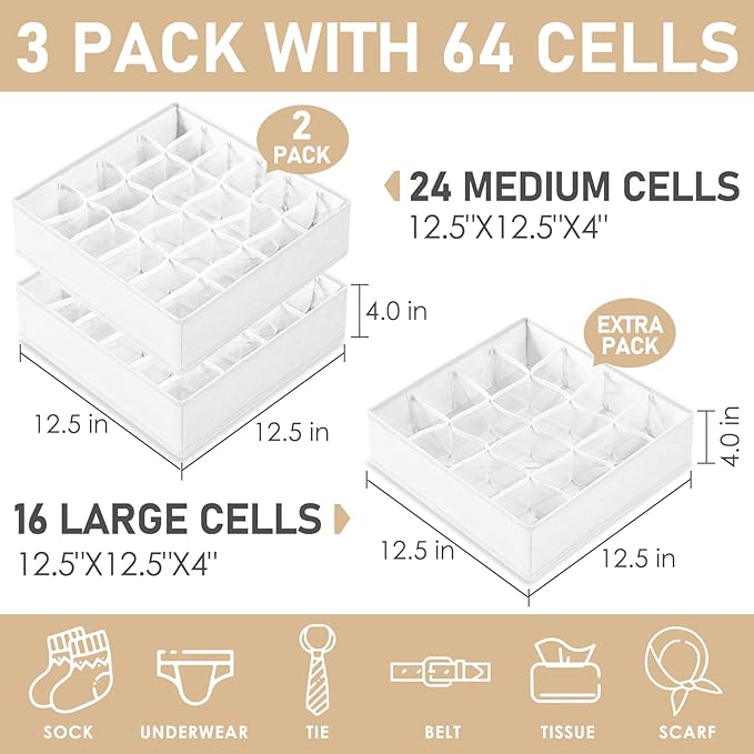 Criusia 3 Pack Sock Underwear Drawer Organizer Dividers, 64 Cell Fabric