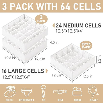 Criusia 3 Pack Sock Underwear Drawer Organizer Dividers, 64 Cell Fabric
