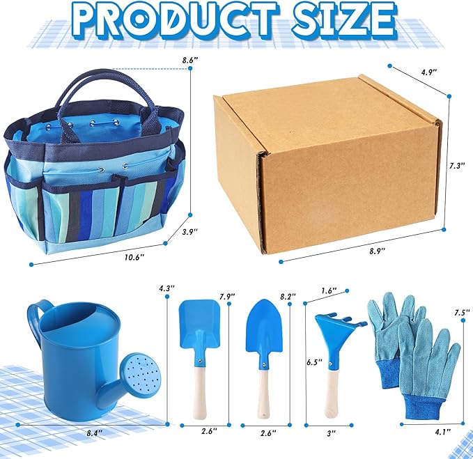 Kids Gardening Tools Set, Toddler Play Kit Child Outdoor Toy with Gloves, Watering Can, Metal Shovel, Rake, Spade & Storage Bag, Backyard Sand Digging Birthday for Boys Girls 3-5 (Blue)