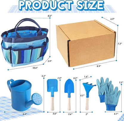 Kids Gardening Tools Set, Toddler Play Kit Child Outdoor Toy with Gloves, Watering Can, Metal Shovel, Rake, Spade & Storage Bag, Backyard Sand Digging Birthday for Boys Girls 3-5 (Blue)