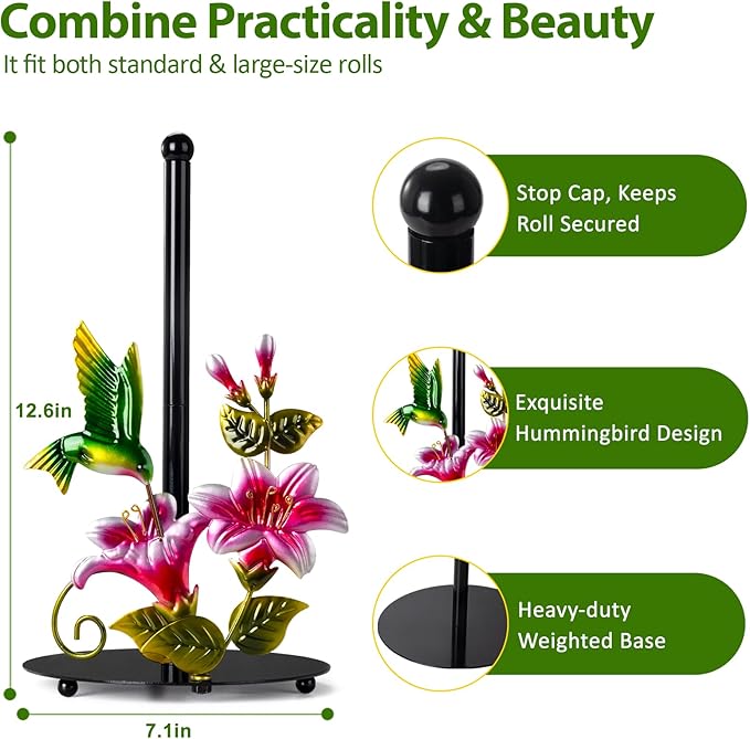 Flower & Hummingbird Decor Paper Towel Roll Holder Countertop