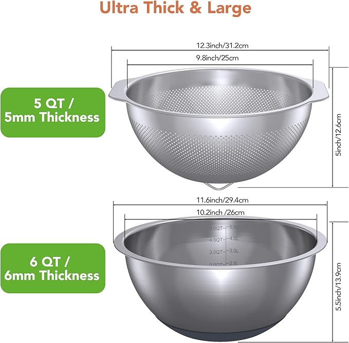 304 Stainless Steel Colander and Strainer, 5QT Large Capacity and 6QT Mixing