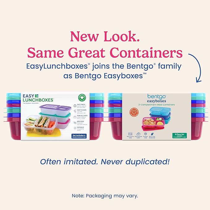 Bentgo Easyboxes - Original Stackable Lunch Boxes - Reusable 3-Compartment Food Containers for Kids and Adults - Bento Lunch Box for Meal Prep, School, & Work - BPA Free, Set of 4 (Jewel Brights)