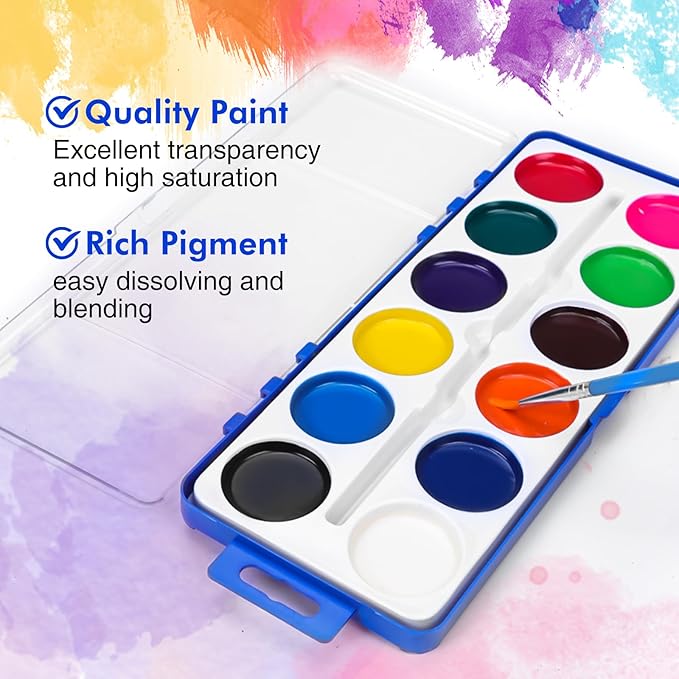 12 Pack Watercolor Paint Set for Kids, 12 Colors Water color paint sets for kids with Paint Brush, Kids Watercolors Paint Set for Party Favor, Classroom.