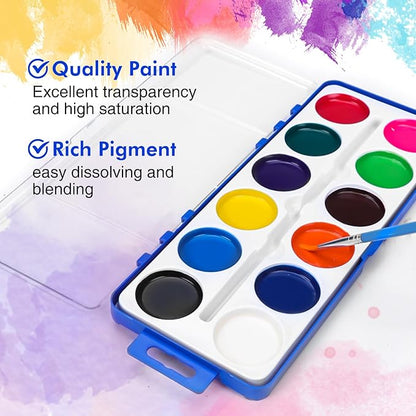 12 Pack Watercolor Paint Set for Kids, 12 Colors Water color paint sets for kids with Paint Brush, Kids Watercolors Paint Set for Party Favor, Classroom.