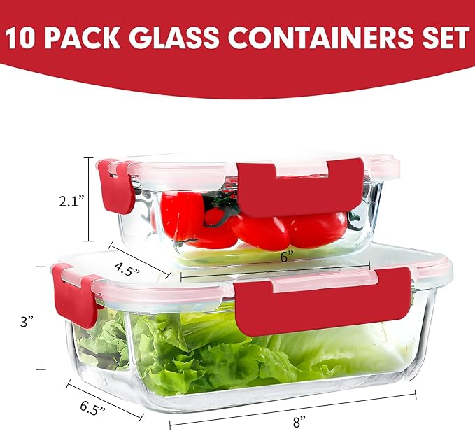 VERONES 10Pack Glass Meal Prep Containers, Airtight Glass Lunch Containers,Stackable Glass Food Storage Containers Set with Lids,Exclusive of BPA, for Microwave,Oven, Freezer&Dishwasher Friendly,Red