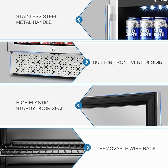 Tylza 24 Inch Beverage Refrigerator, 190 Can Capacity, Glass Door, Advanced