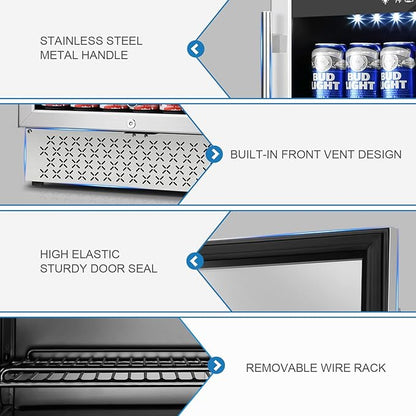 Tylza 24 Inch Beverage Refrigerator, 190 Can Capacity, Glass Door, Advanced