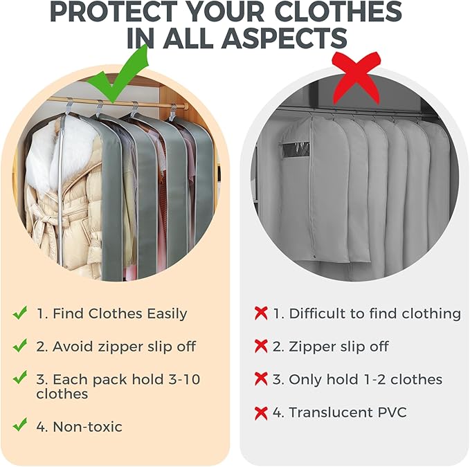 6 Pcs 60" Garment Bags for Hanging Clothes, Garment Bags Shoulder Covers