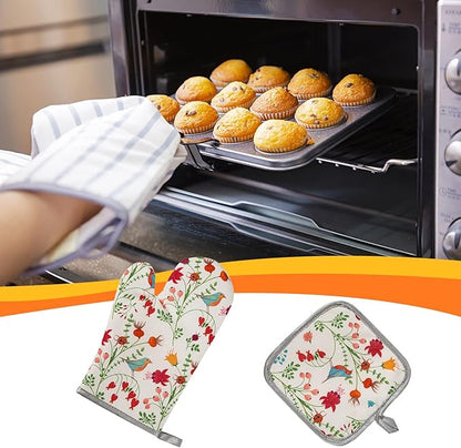 Kitchen Oven Mitts and Pot Holders Sets, Flower Bird Print Oven Gloves and