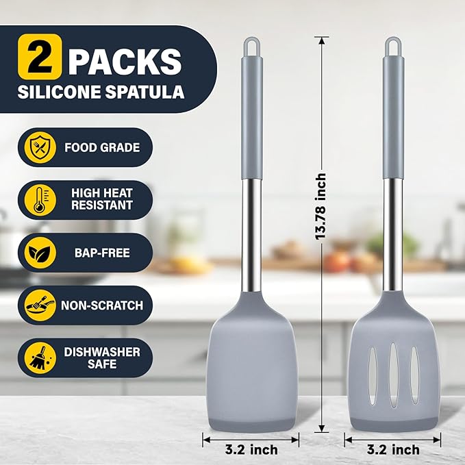 2 Pack Silicone Spatula Set, Solid & Slotted Turner