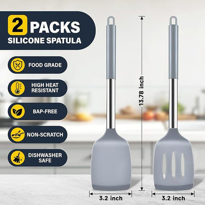 2 Pack Silicone Spatula Set, Solid & Slotted Turner