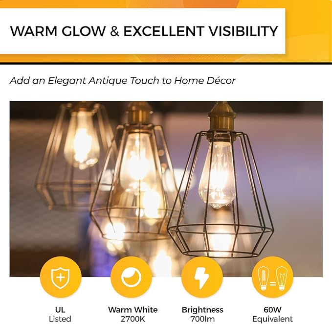 Hizashi Vintage Edison Bulb Dimmable, 6W Equivalent 60W, E26 Base LED Light Bulb