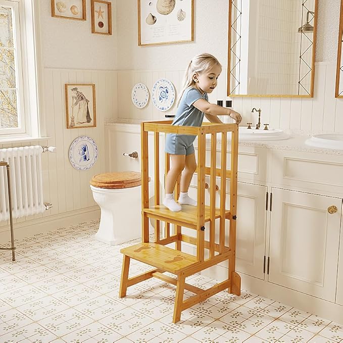Kids Kitchen Step Stool, Toddler Standing Tower Adjustable Height with Anti-Slip Feet, Toddlers Learning Step Stool Helper for Kitchen Counter or Bathroom Sink, Natural Bamboo