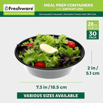 Freshware Meal Prep Bowl Containers [30 Pack] Plastic Bowls with Lids for Soup and Salad, Food Storage Bento Box, BPA Free, Stackable, Lunch Boxes, Microwave/Dishwasher/Freezer Safe (28 oz)