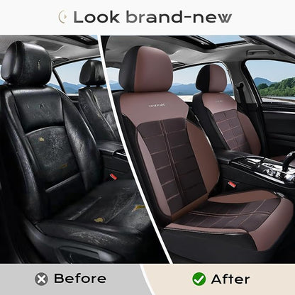Coverado Leather and Air Mesh Seat Cover, Car Seat Cover Full Set, 3D Breathable Seat Protectors Sports Carbon Fiber Design Airbag Compatible Comfort Universal for Most Cars, Van,Trucks, SUV, Brown