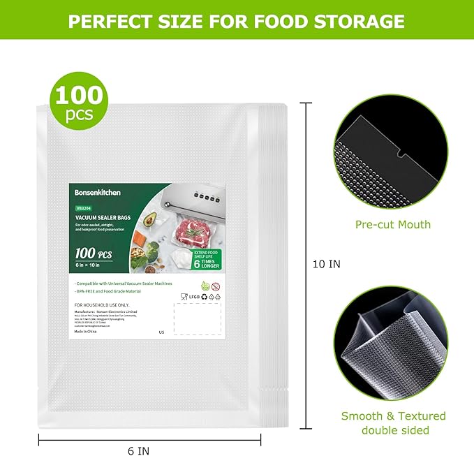 Bonsenkitchen Precut Vacuum Food Sealer Bags 100 Pint 6" x 10", BPA Free, Commercial Grade Textured Food Vacuum Sealer Bag, Thick Embossed Bags for Food Storage and Sous Vide Cooking VB3204