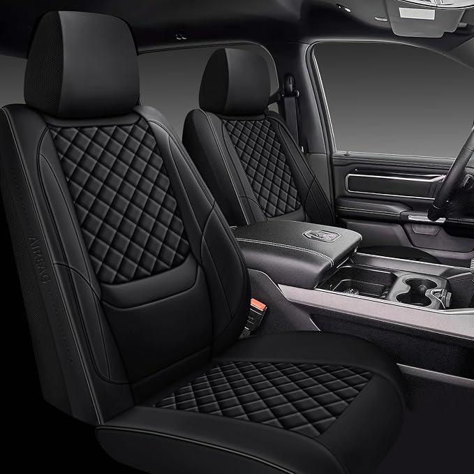 Ram Seat Covers 2009-2018 Full Set, Truck Interior Sets with Lumbar Support Custom Fit for Dodge Ram 1500/2500/3500 Crew/Quad/Mega Cab with Rear Curved Bench, Black