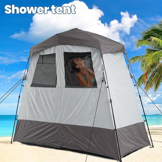 Camping Shower Tent Deluxe Changing Room Easy Set Up Privacy Shelter,Large Toilet Tent with Floor Drain Design for Beach, Camping,Hiking with Stakes and Ropes for Stability