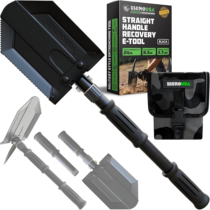 Rhino USA Survival Shovel w/Pick - Heavy Duty Carbon Steel Military Style Entrenching Tool for Off Road, Camping, Gardening, Beach, Digging Dirt, Sand, Mud & Snow. (Recovery Shovel)