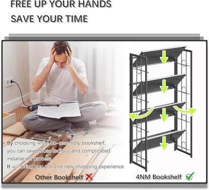 4NM No Assembly 4 Tiers Folding Bookshelf, 47.2" H Foldable Storage Shelves