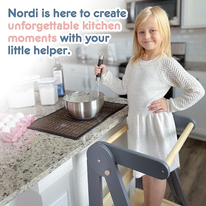 Nordi Foldable Toddler Kitchen Tower, Montessori Kitchen Stools Helper, Standing Tower with 3 Adjustable Heights, Suitable Age for 2-6 Years, Grey