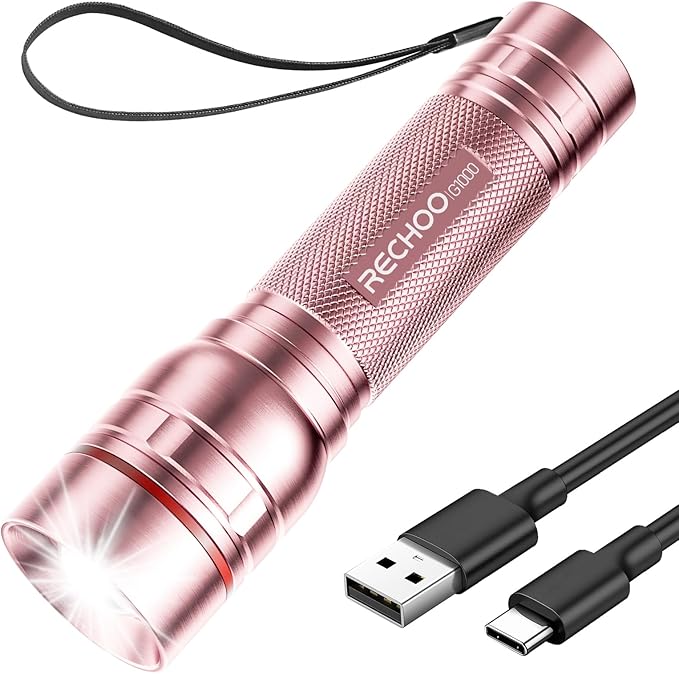 Rechargeable Flashlights High Lumens, G1000 Super Bright Flash Light Pink, Small Zoomable LED Flashlight with 3 Lighting Modes, Portable Tactical Flashlight for Camping Essentials, Gift for Women